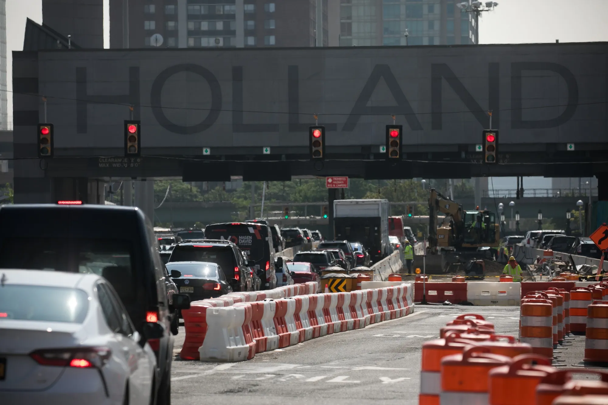 Vehicles approach the Holland Tunnel in Jersey City, New Jersey.