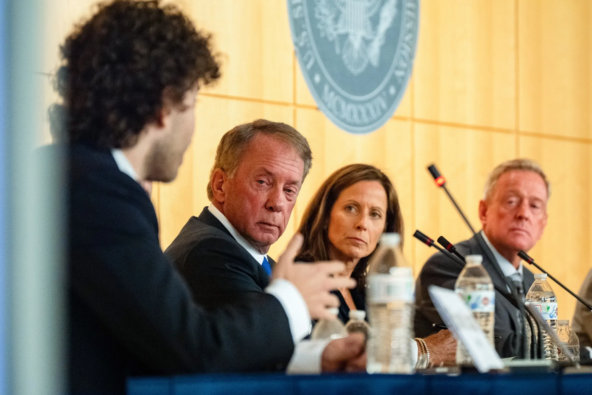 Shayne Coplan, founder and chief executive officer of Polymarket, from left, Terrence Duffy, chief executive officer of CME Group, Adena Friedman, president and chief executive officer of Nasdaq Inc., and Craig Donohue, chief executive officer of Cboe Global Markets, during a joint SEC-CFTC roundtable at SEC headquarters in Washington, DC, US, on Monday, Sept. 29, 2025.&nbsp;