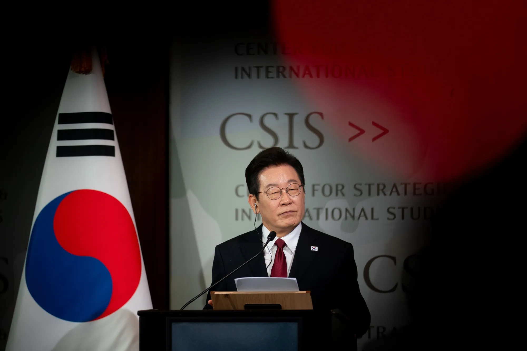 Lee Jae Myung speaks during a Center for Strategic and International Studies statesmen’s forum in Washington, DC, on Aug. 25.