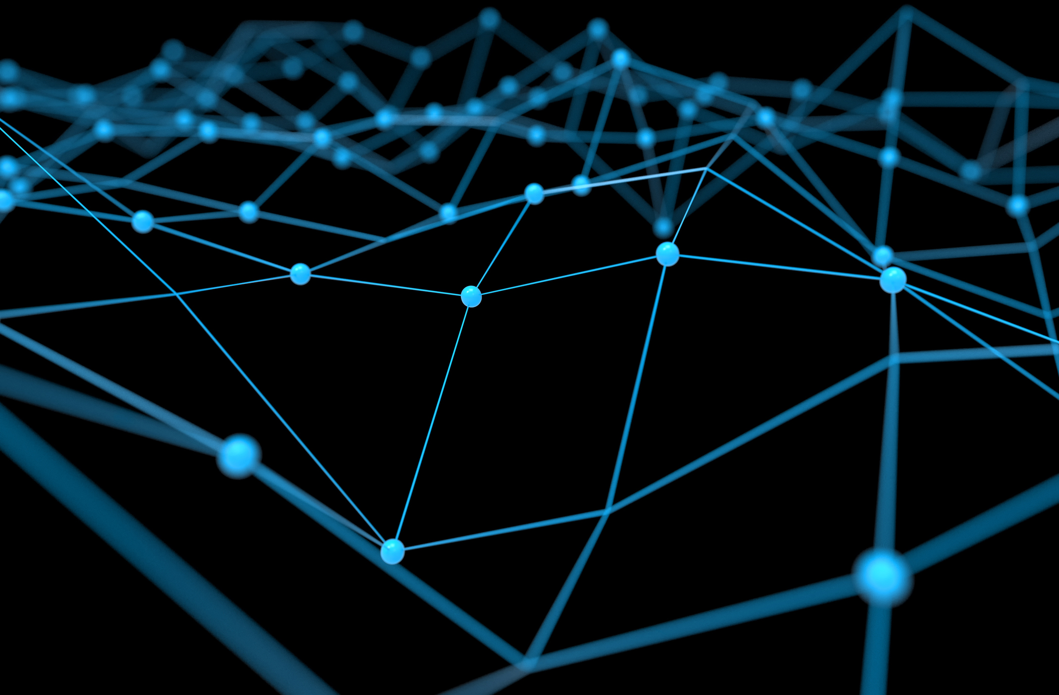 Blockchain network , Machine learning , deep learning and neural networks concept. Blue Distributed connection atom with black background , 3d rendering