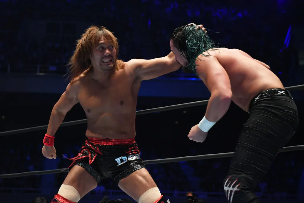 Tetsuya Naito and Jay White compete in the bout during the New Japan Pro-Wrestling G1 Climax 29 in Tokyo, on Aug. 11.