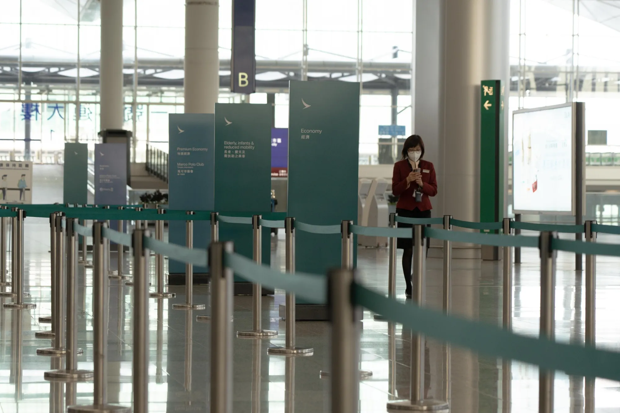 The check-in counter for Cathay Pacific at the Hong Kong International Airport on March 7.
