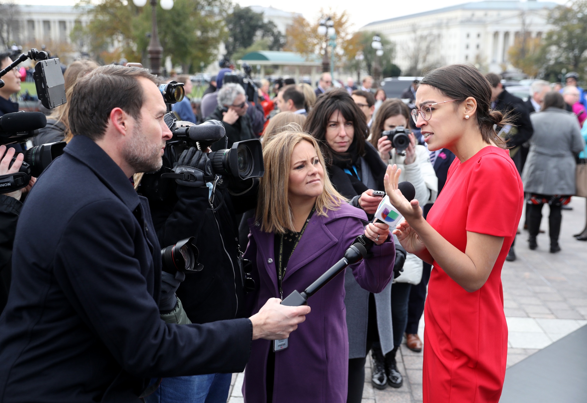 &nbsp;Alexandria Ocasio-Cortez speaks with members of the media outside the U.S Capitol in Washington&nbsp;on Nov. 14, 2018.&nbsp;