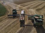 Combine harvesters&nbsp;unload&nbsp;wheat into a truck&nbsp;in the Khmelnytskyi region of Ukraine.