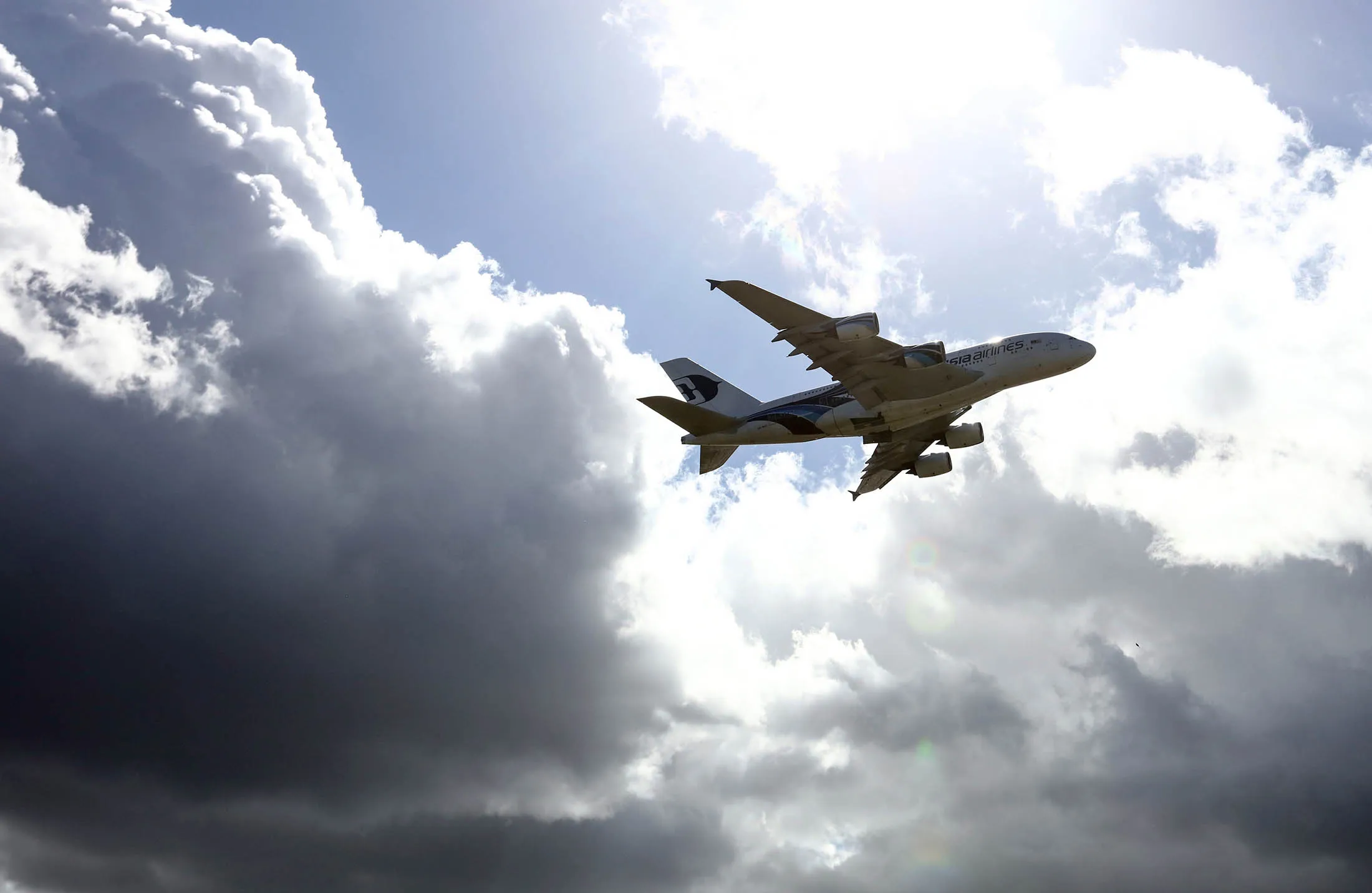 An Airbus SAS A380 passenger aircraft, operated by Malaysian Airline System.
