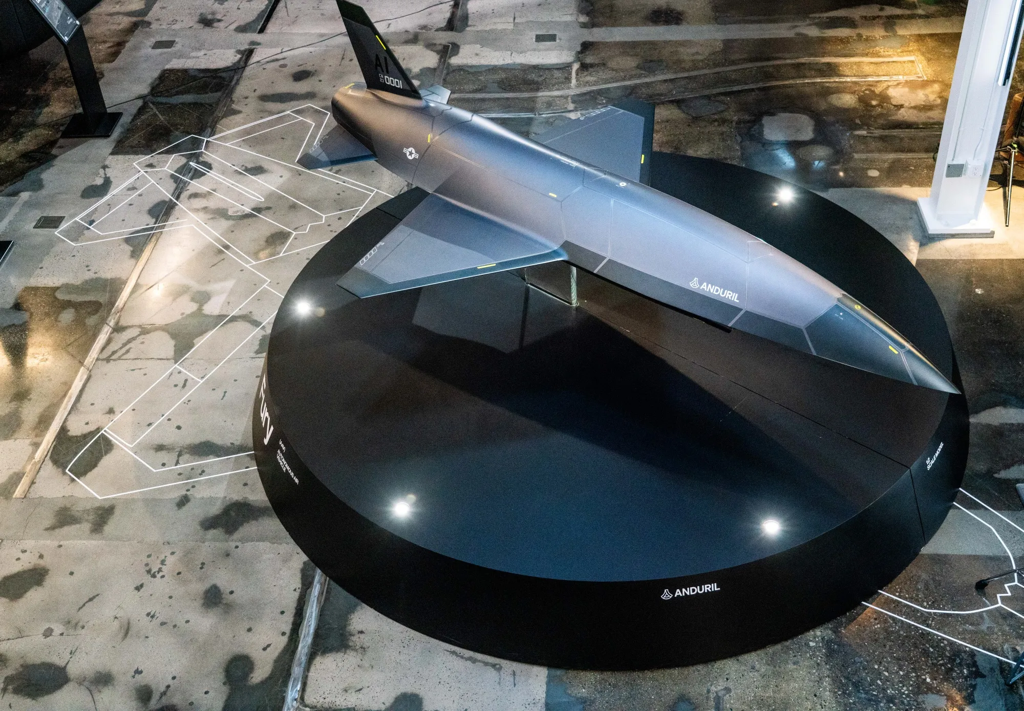 A model of Anduril's YFQ-44, an unmanned combat aerial vehicle, at Anduril's headquarters in Costa Mesa.