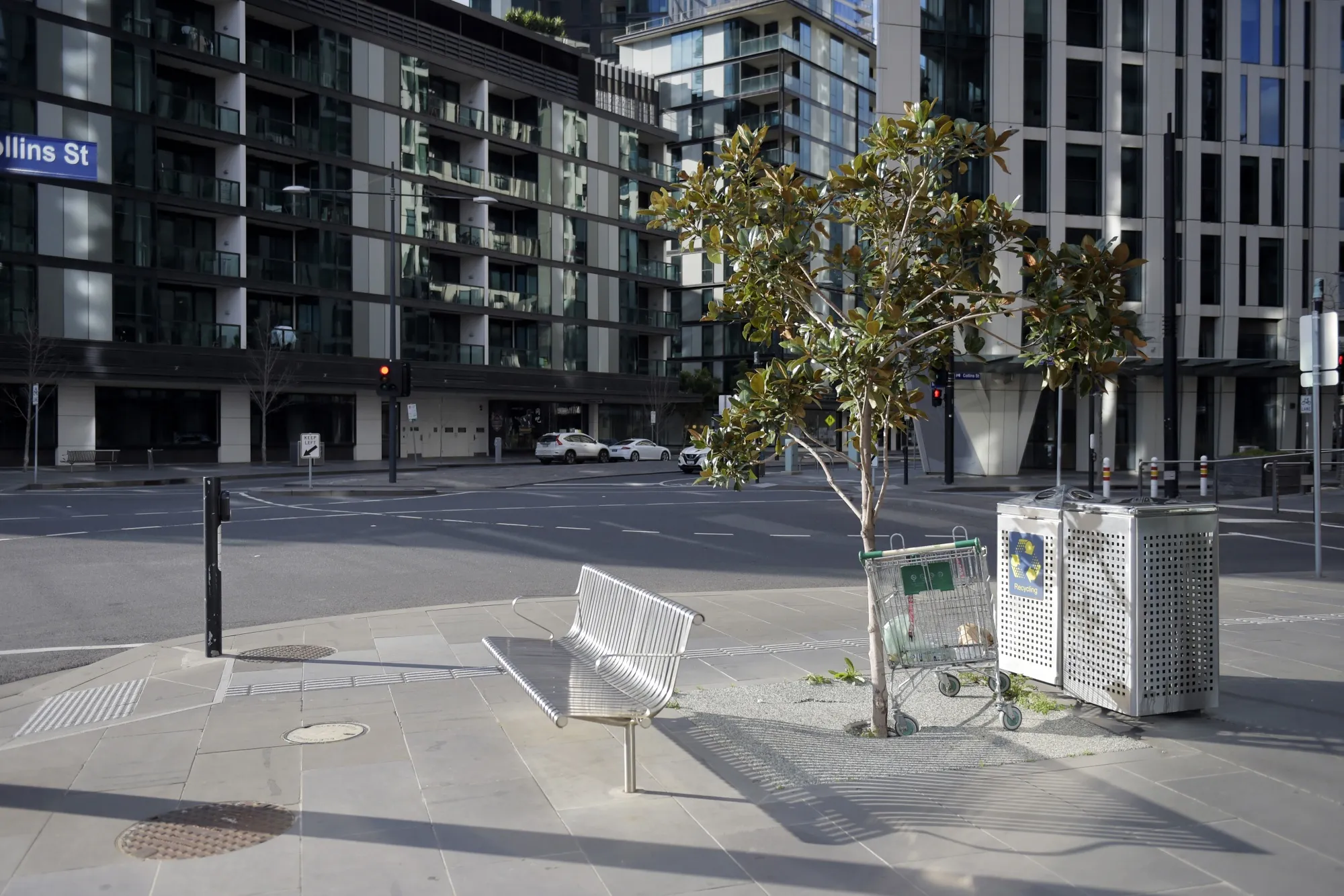 A shopping cart is left abandoned on a deserted street in the Docklands area of Melbourne, on July 9.