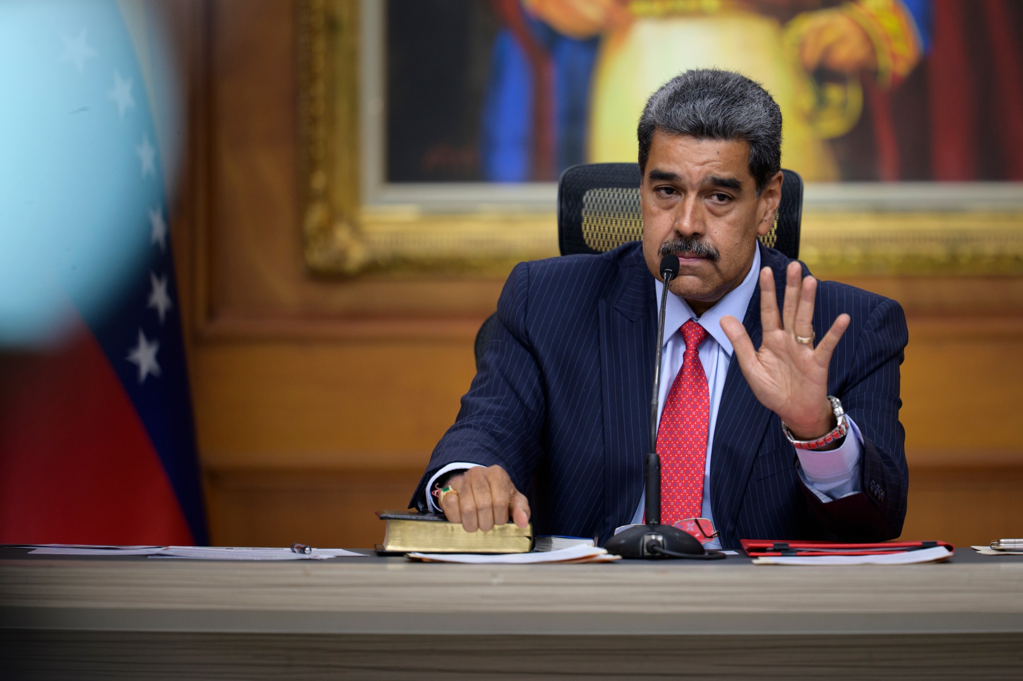 Nicolas Maduro speaks during a press conference at Miraflores Palace in Caracas on Wednesday.