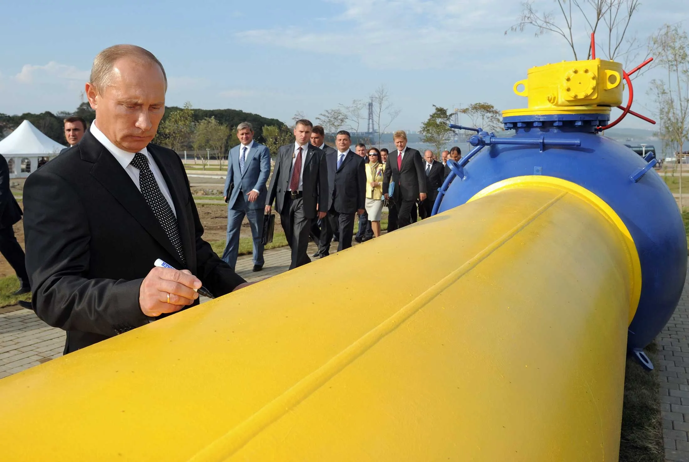 Russian Prime Minister Vladimir Putin commemorates the 2011 opening of a natural gas pipeline in Vladivostok, near the border with China and North Korea.