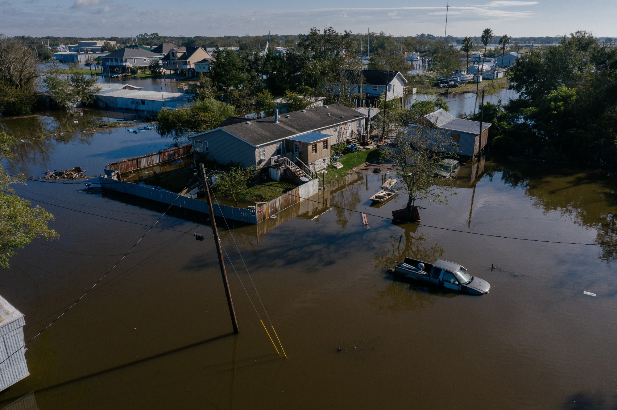 Floodwater around homes after Hurricane Delta made landfall in&nbsp;Delcambre, Louisiana, on Oct. 10.