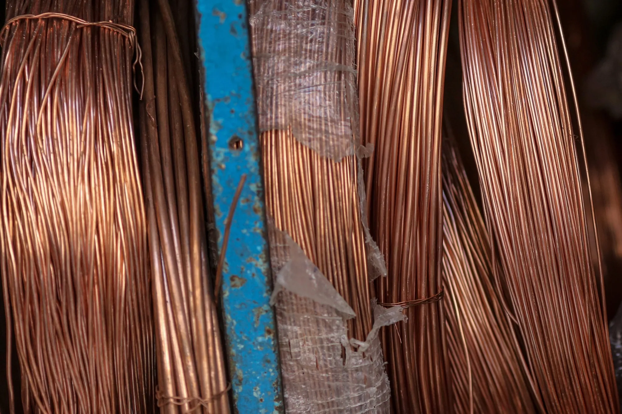 Copper wires at a wholesale metal market in Mumbai, India.