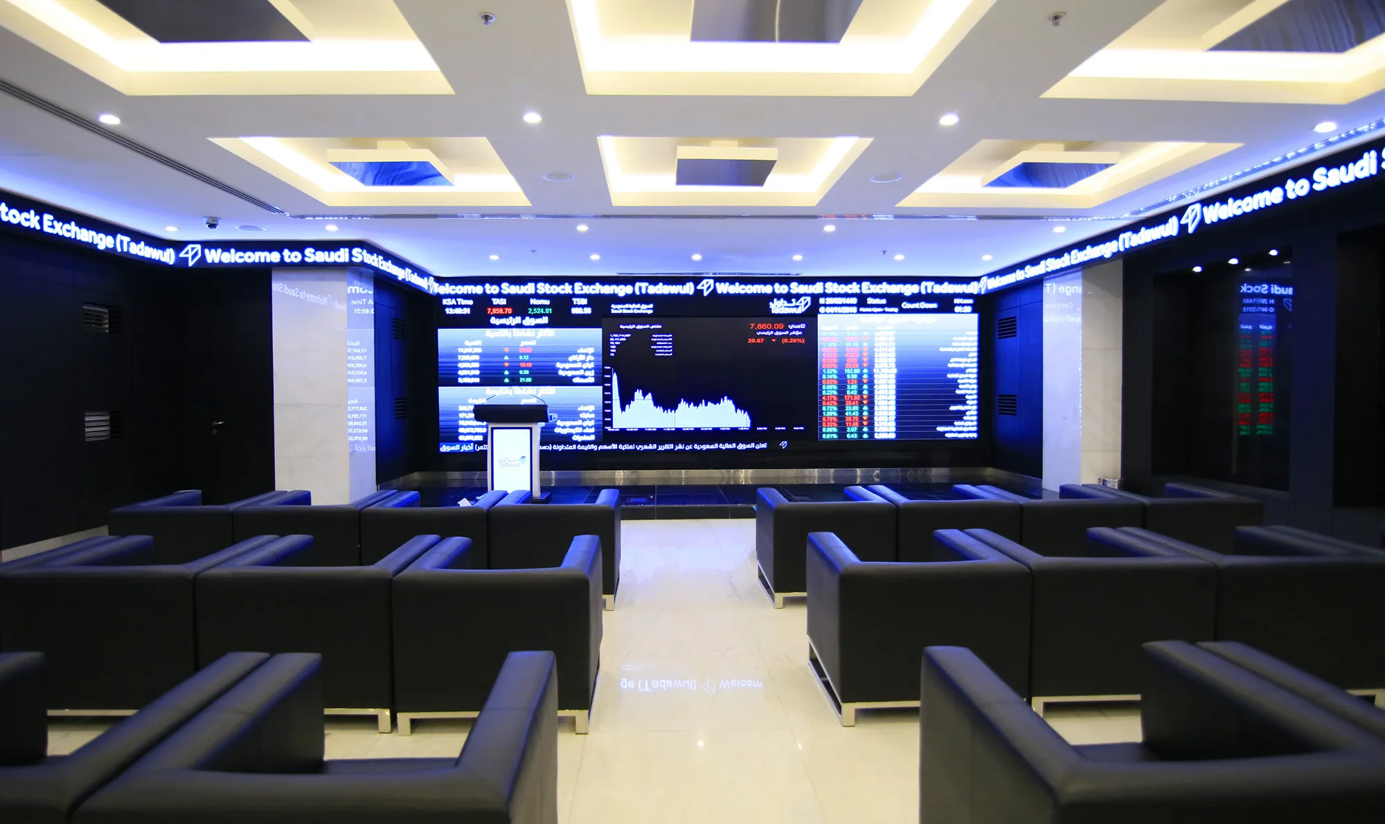 Stock price movements sit on a digital display board in the media briefing room at the Saudi Stock Exchange, also known as Tadawul, in Riyadh.