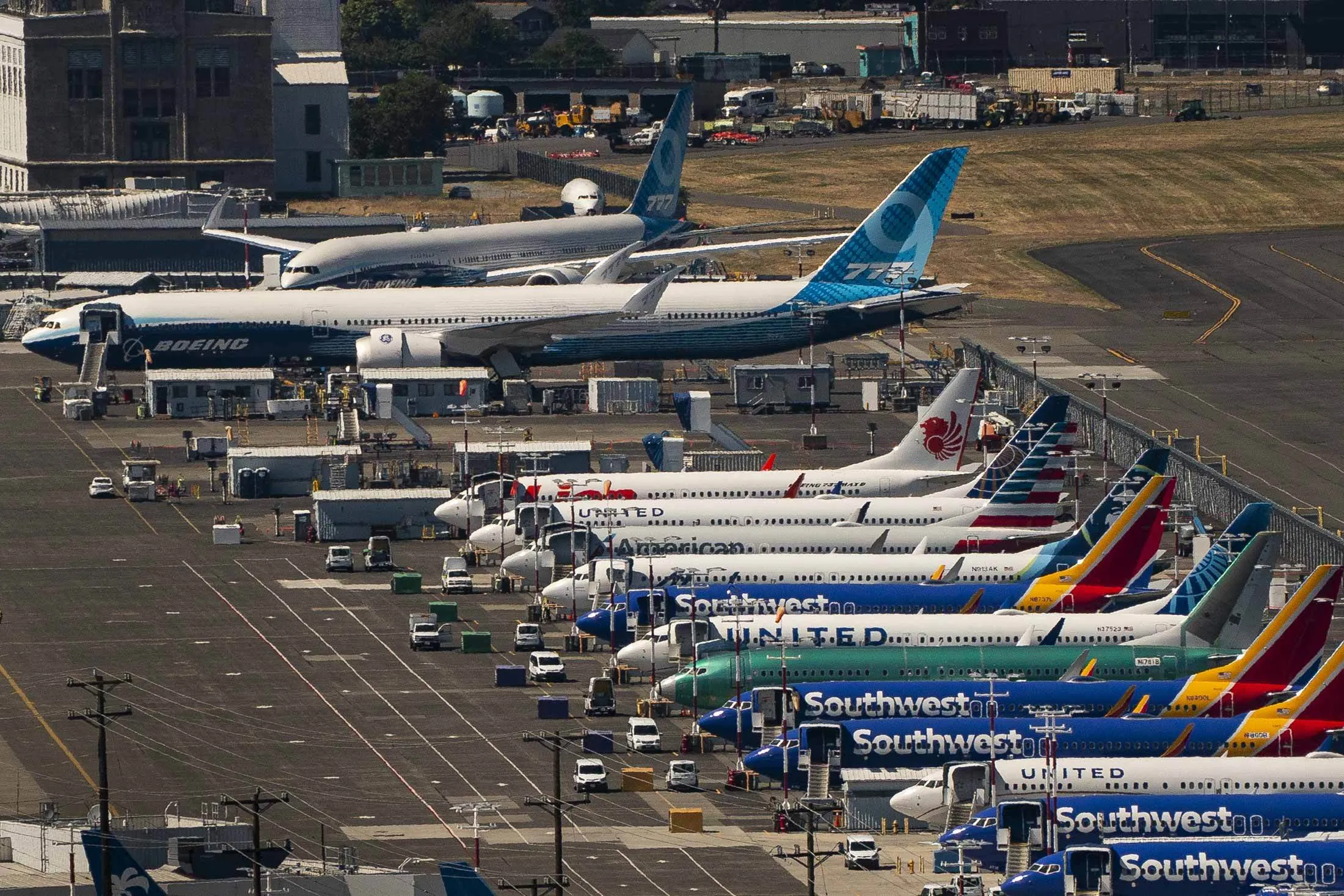 Airplanes parked at King County International Airport in Seattle on July 27.