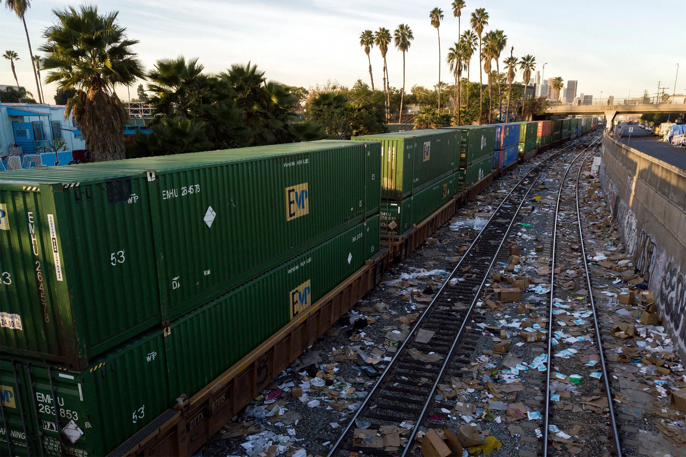Train tracks littered with thousands of opened boxes and packages stolen from cargo shipping containers&nbsp;in Los Angeles on Jan. 14.