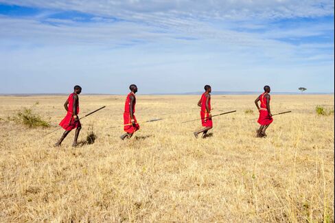 Masai (Maasai), running in the savannah, Olare Orok Conservancy, Masai Mara, Kenya.