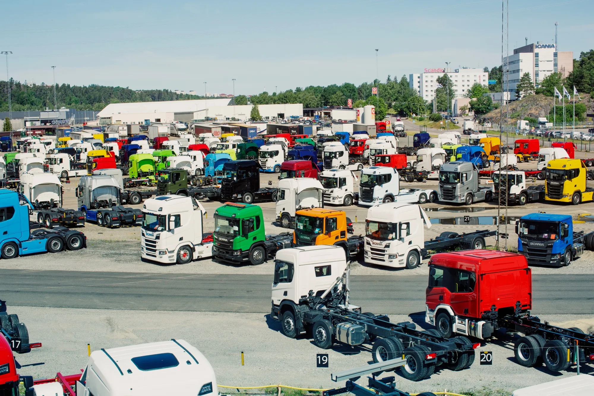 Rigs parked up at Scania's battery assembly plant in Sodertalje, Sweden, on June 4.
