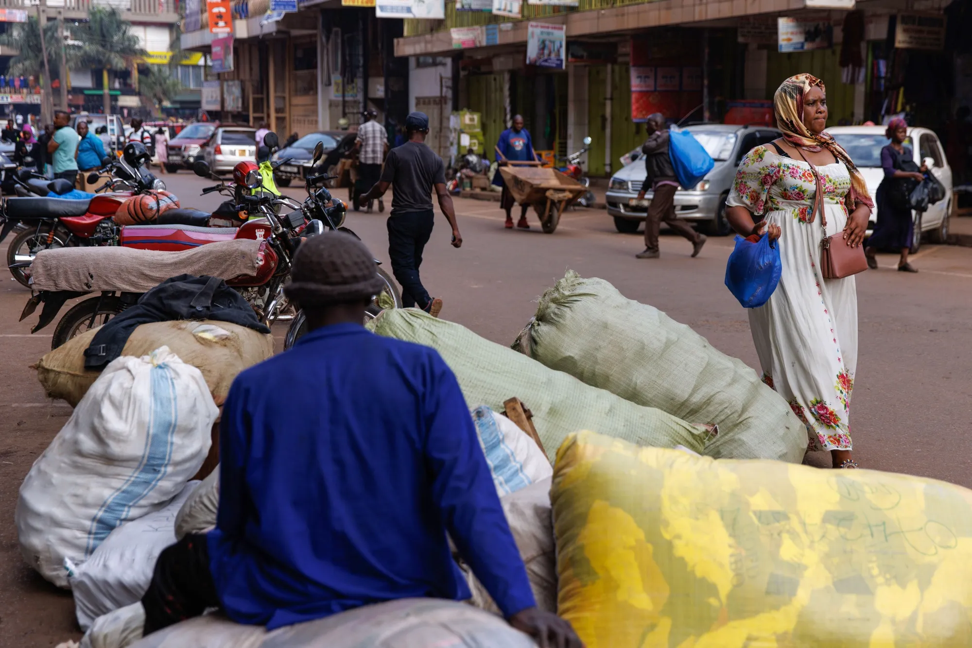 Bags of plastic waste, collected to be sold for recycling&nbsp;in Kampala.