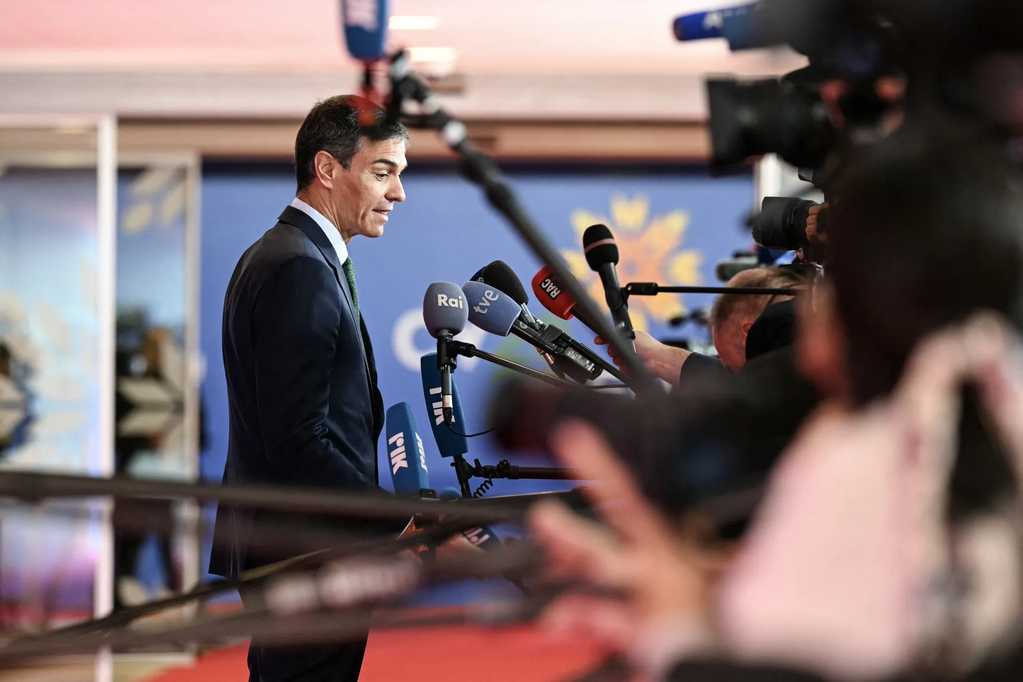 Pedro Sanchez speaks to members of the media ahead of the European Council meeting in Nicosia, Cyprus, on April 24.