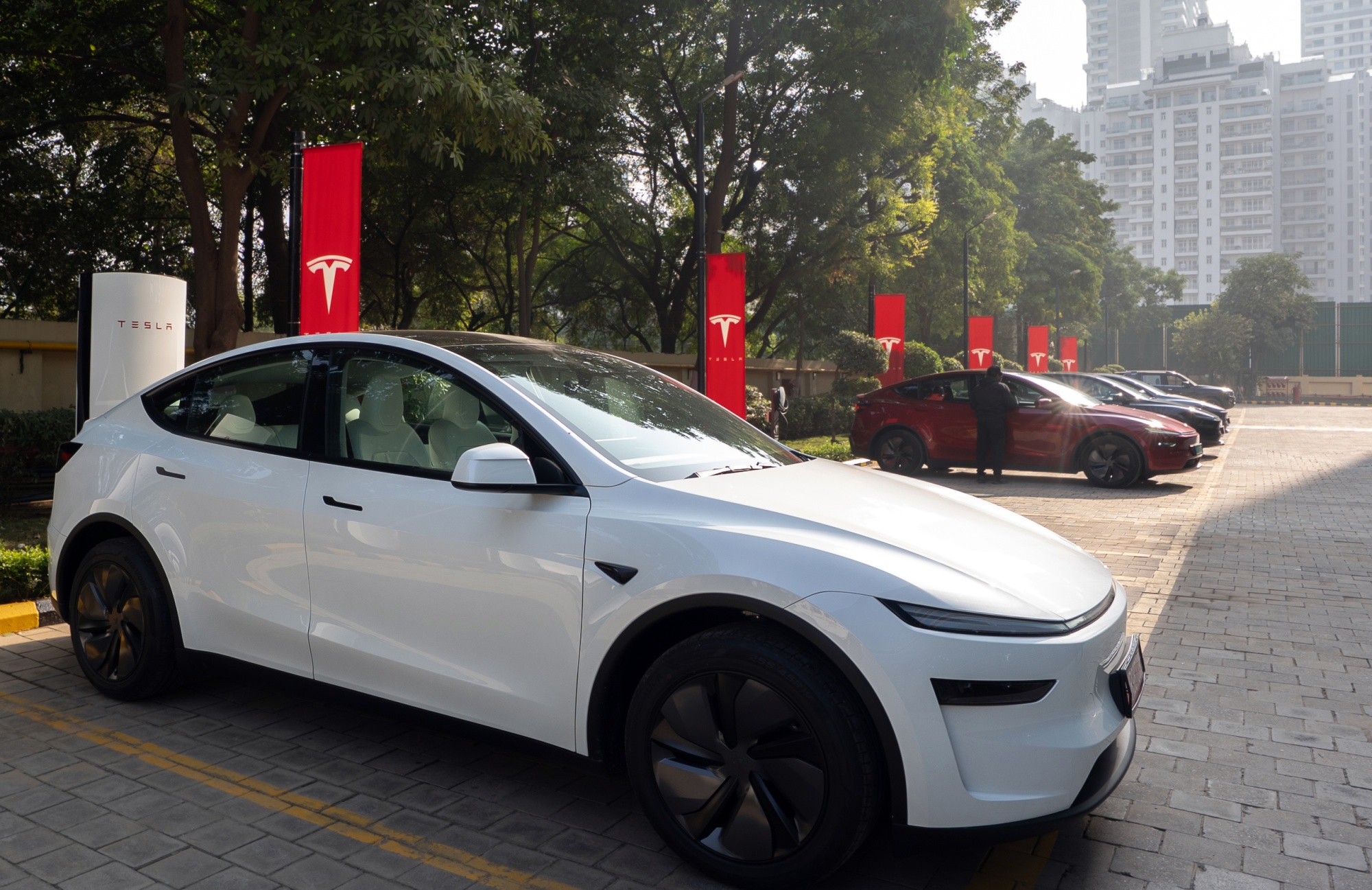 A Tesla Inc. Model Y electric vehicle at the company's Experience and Service Center in Gurugram, India, on Nov. 26, 2025.