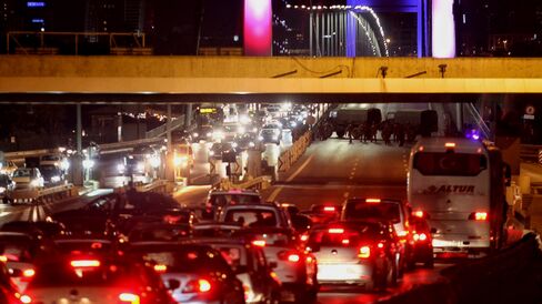 Turkish soldiers block Istanbul’s Bosporus Bridge on July 15 in Istanbul.