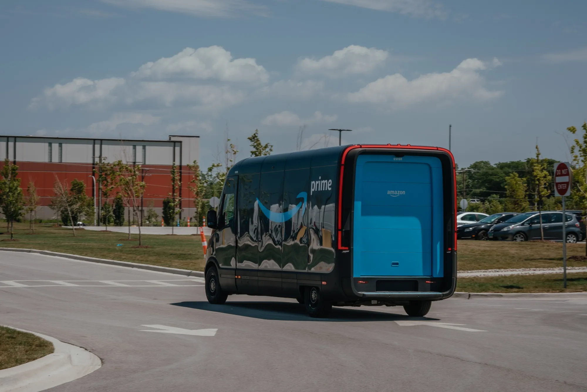 A Rivian electric van outside the Amazon Logistics warehouse in Chicago.