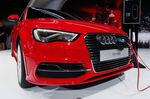 Audi AG A3 e-tron plug in hybrid's front section is seen during the 2014 New York auto show in New York, U.S., on Wednesday, April 16, 2014.
