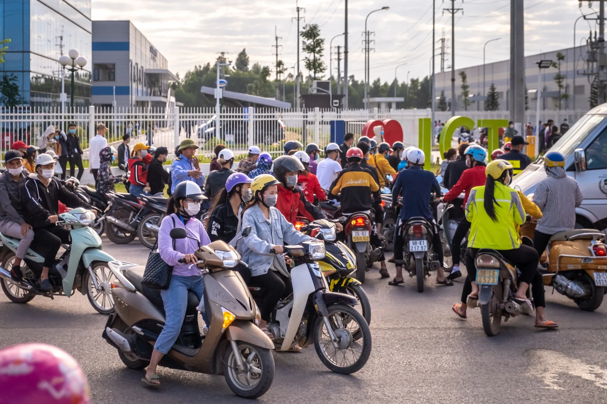 Morning commuters travel to work at an industrial park in Bac Giang province, Vietnam.