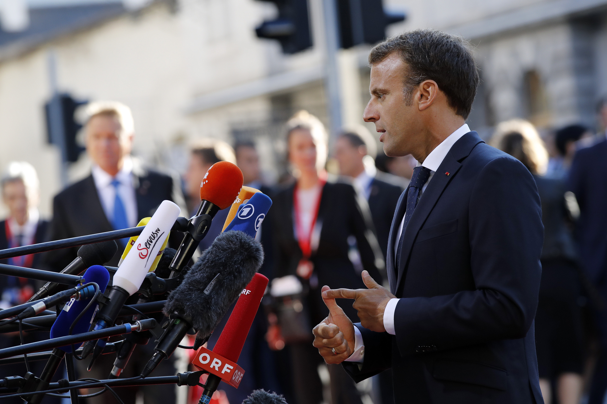 Emmanuel Macron, France's president, speaks to reporters ahead of an informal meeting of European Union&nbsp;leaders in Salzburg, Austria, on Sept. 20, 2018.