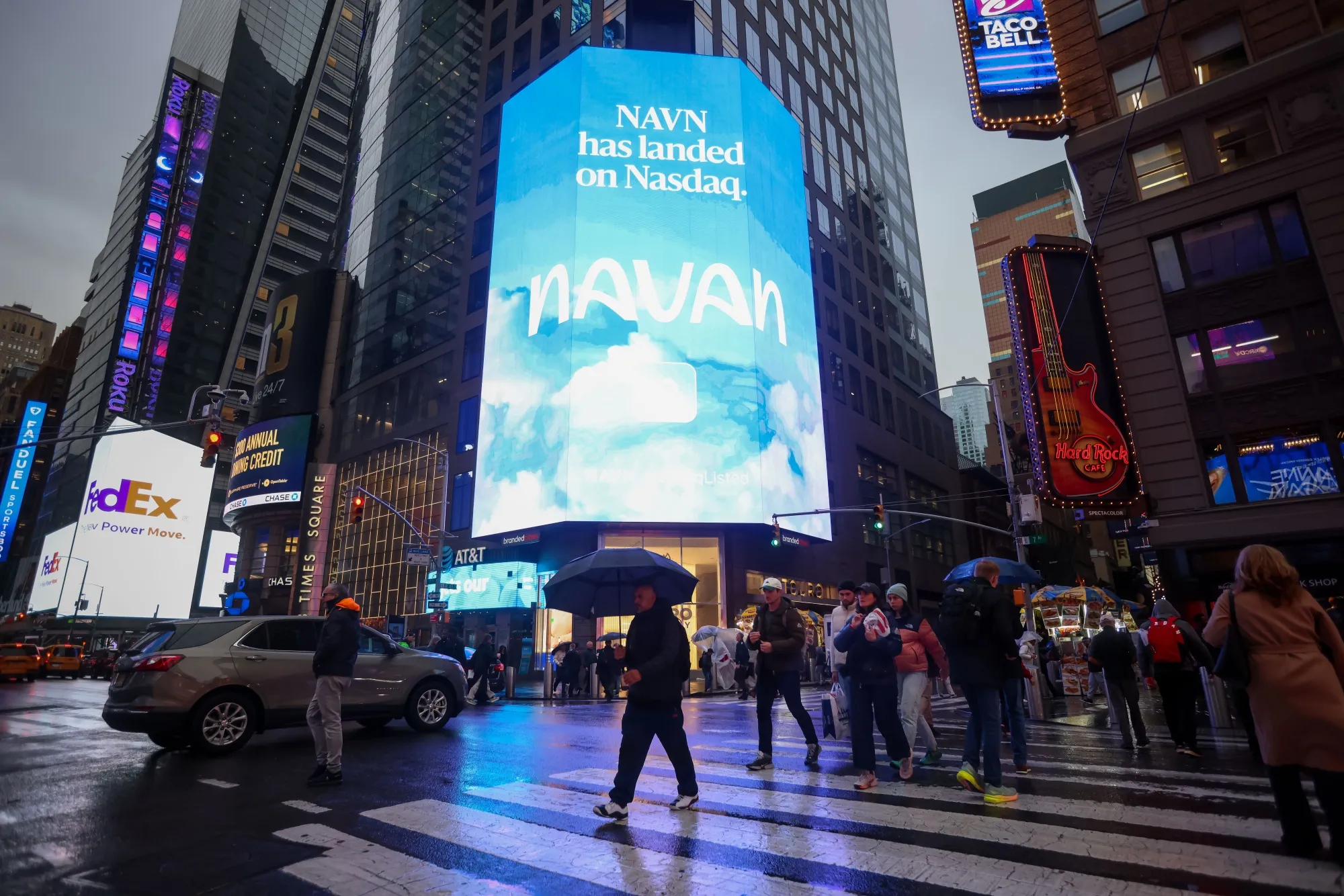Navan Inc. signage during the company's IPO&nbsp;in New York on Oct. 30.