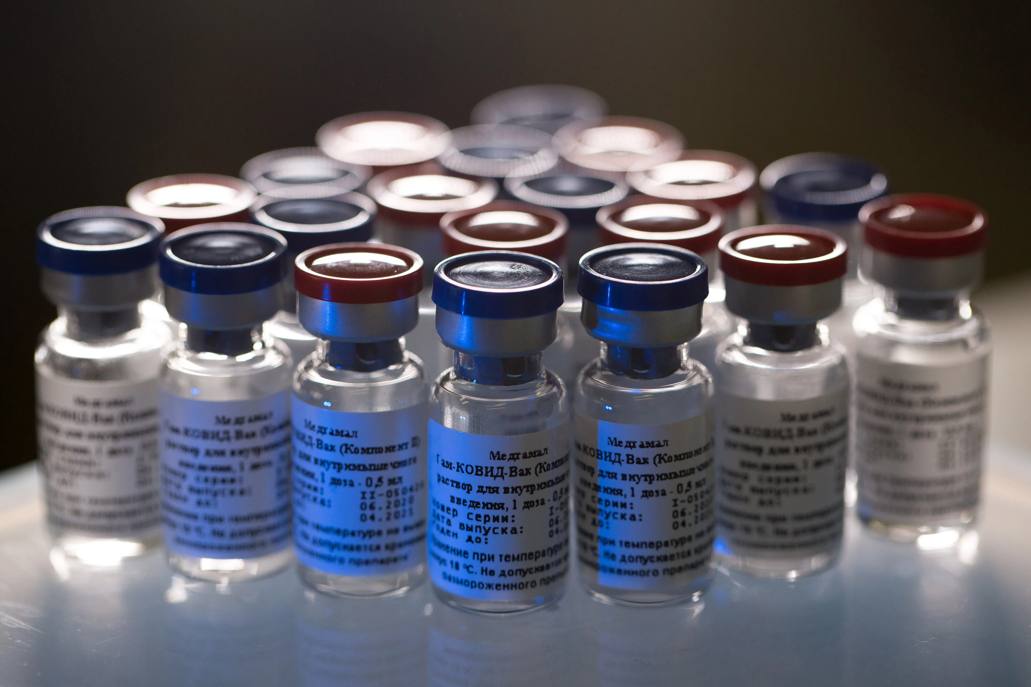 Vials containing the two components of the ‘Medgamal’ COVID-19 vaccine at the Gamaleya National Research Center in Moscow, on Aug. 6.