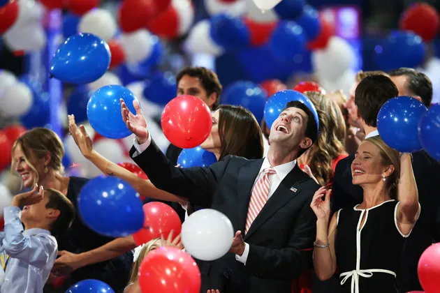 Paul Ryan stands with his wife, Janna Ryan, in the balloon drop during the final day of the Republican National Convention