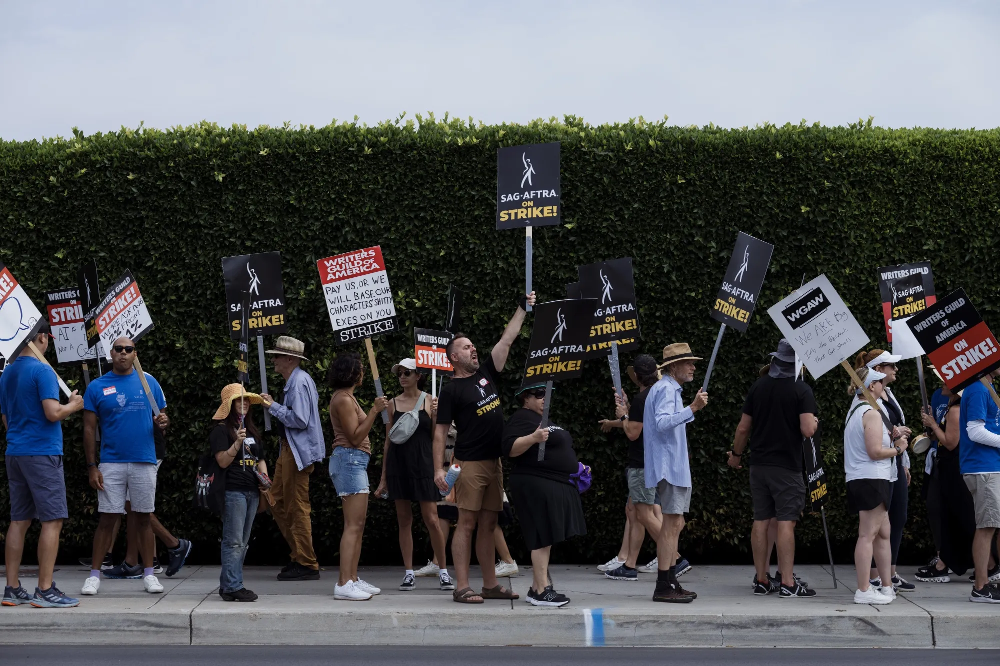 Writers Guild of America and Screen Actors Guild members and supporters on a picket line outside Paramount Studios in Los Angeles, California, US on July 17.