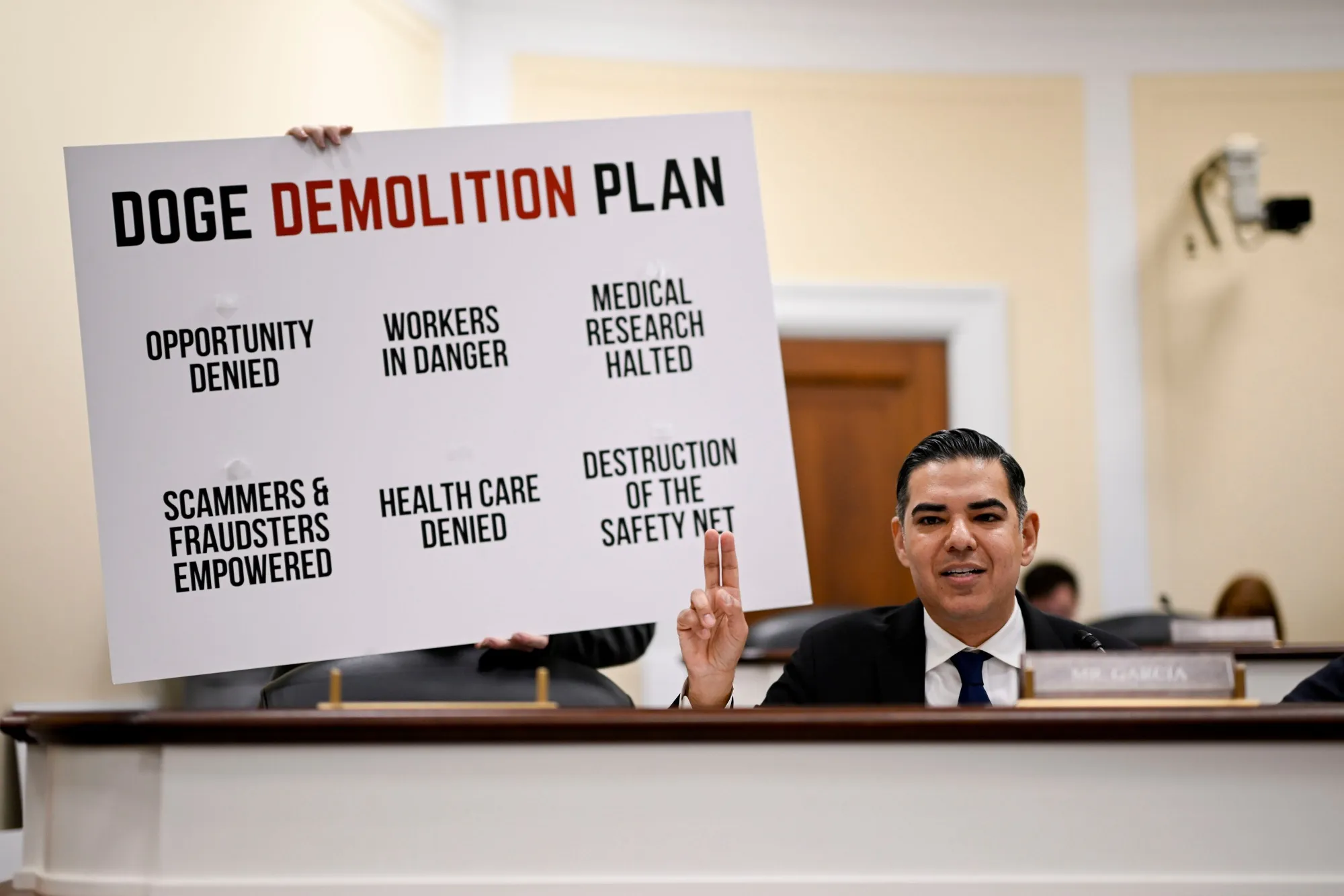 Representative Robert Garcia, a Democrat from California, points to a display during a House Oversight Subcommittee on Delivering on Government Efficiency (DOGE) hearing in Washington, DC, US.