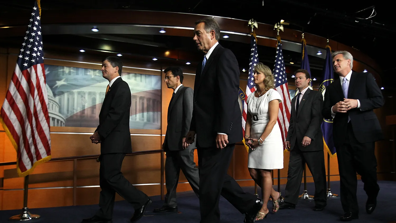 U.S. Rep. Jeb Hensarling (R-TX), House Majority Leader Rep. Eric Cantor (R-VA), Speaker of the House Rep. John Boehner (R-OH), Rep. Renee Ellmers (R-NC), Rep. Peter Roskam (R-IL), and House Majority Whip Kevin McCarthy (R-CA) leave after a news conference July 28, 2011 on Capitol Hilll in Washington, DC.

