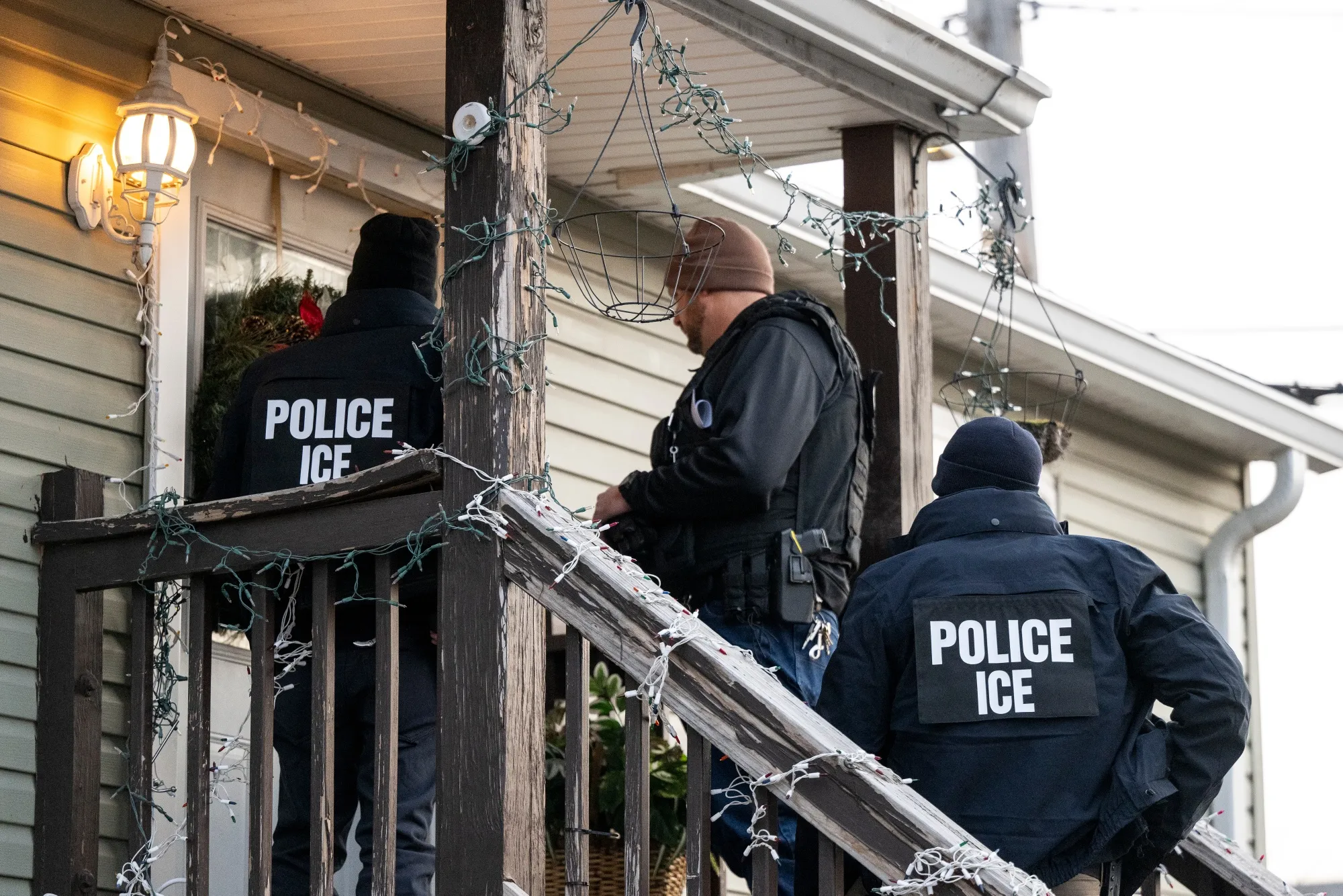 US Immigration and Customs Enforcement agents during an enforcement operation in Chicago, Illinois.