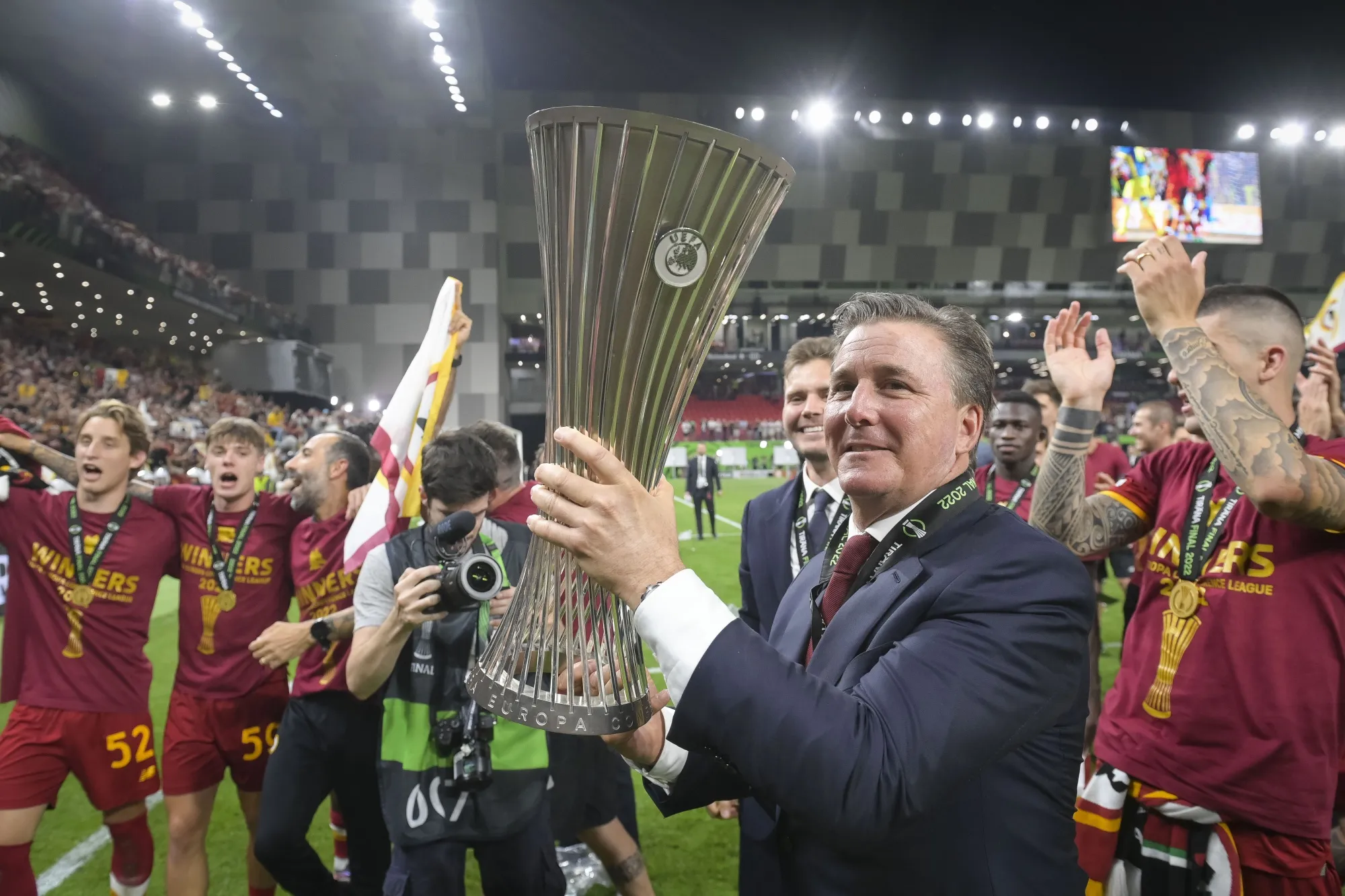 Dan Friedkin poses with trophy after the UEFA Conference League final match between AS Roma and Feyenoord in Tirana, Albania on May 25.