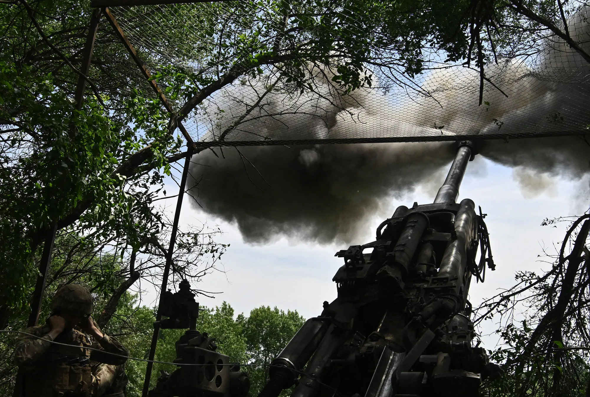 Ukrainian artillery fire towards Russian positions near Avdiivka, Ukraine.