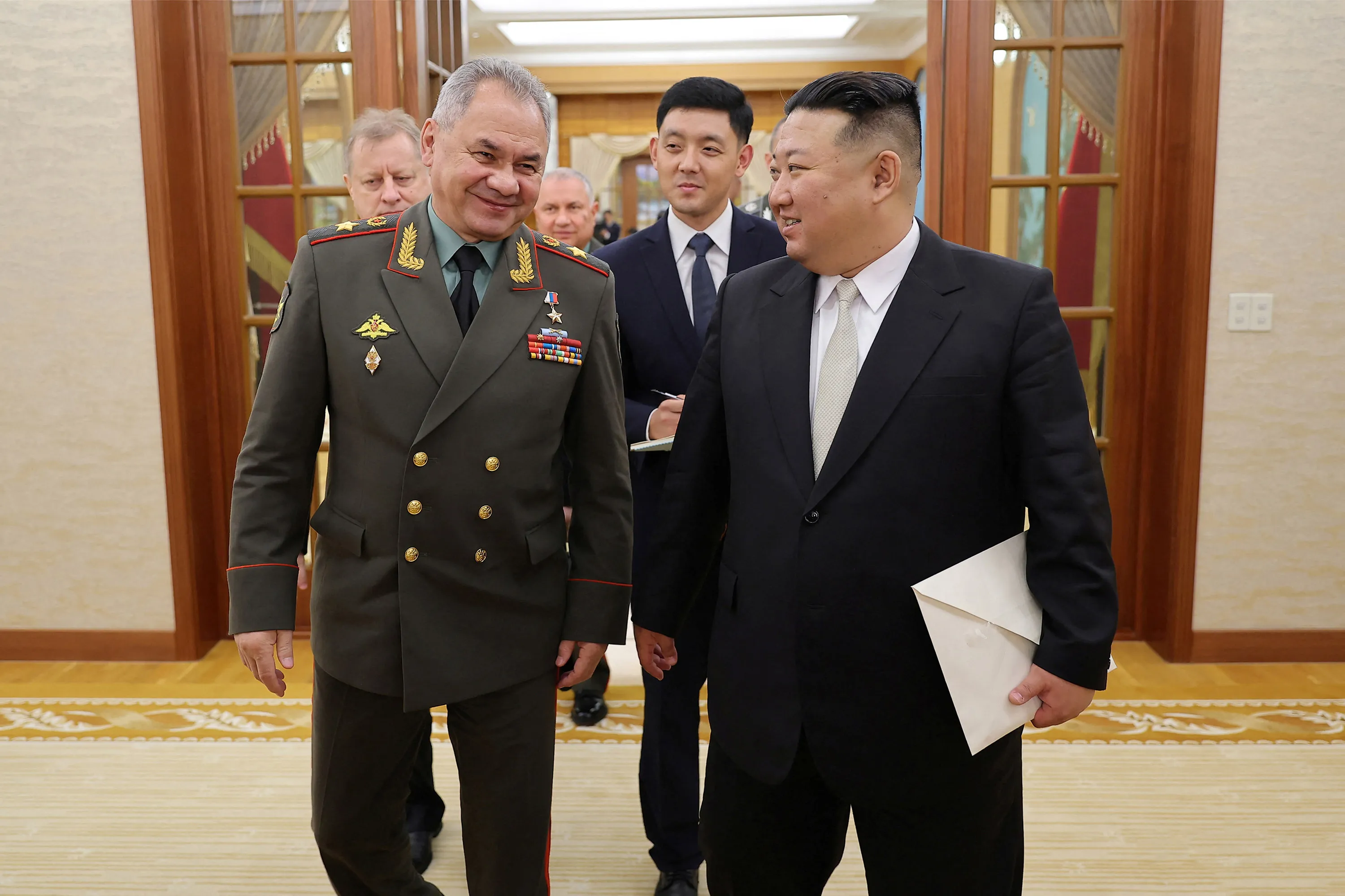 Sergei Shoigu with Kim Jong Un in North Korea, on July 27.&nbsp;