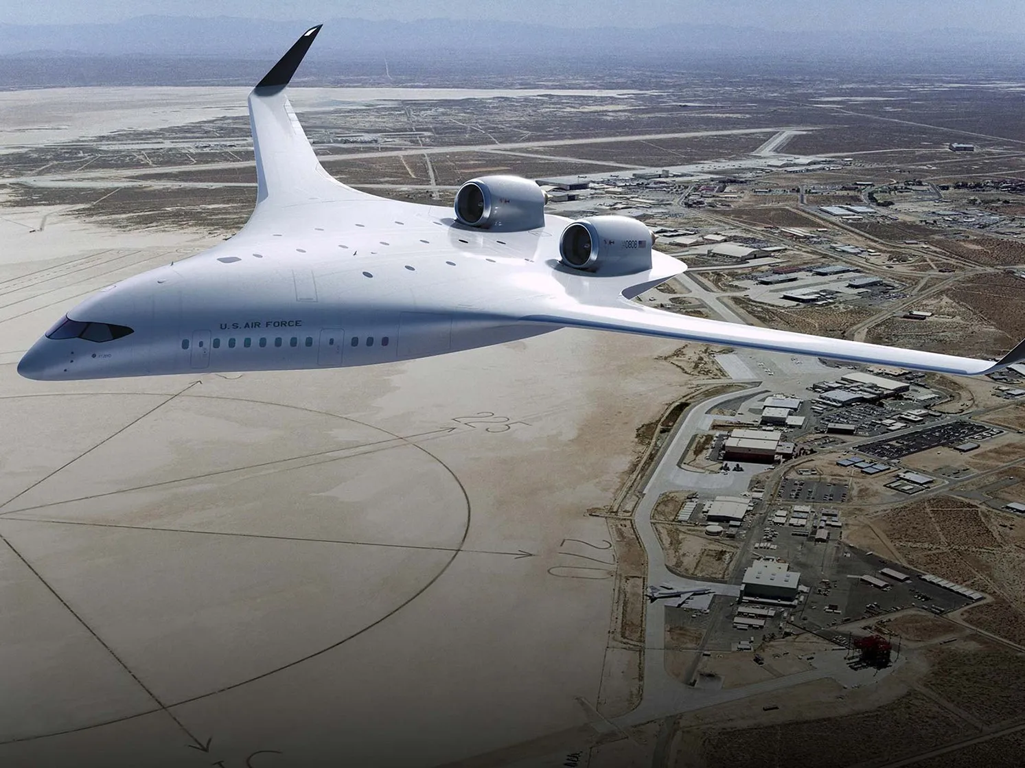 A rendering of JetZero’s blended-wing jet.