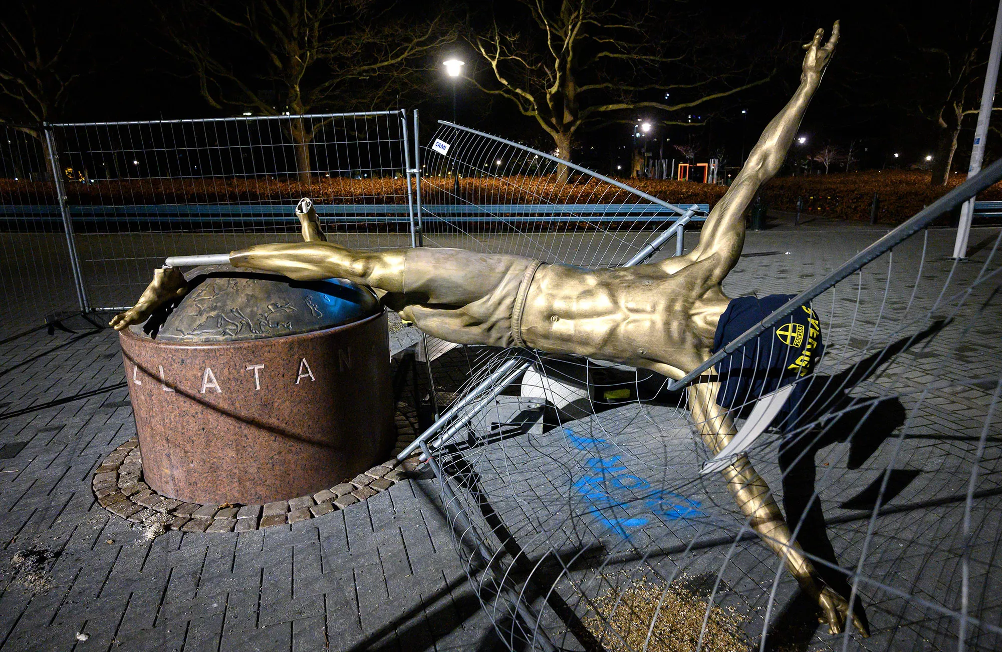 The vandalized statue of Zlatan Ibrahimovic in Malmo.