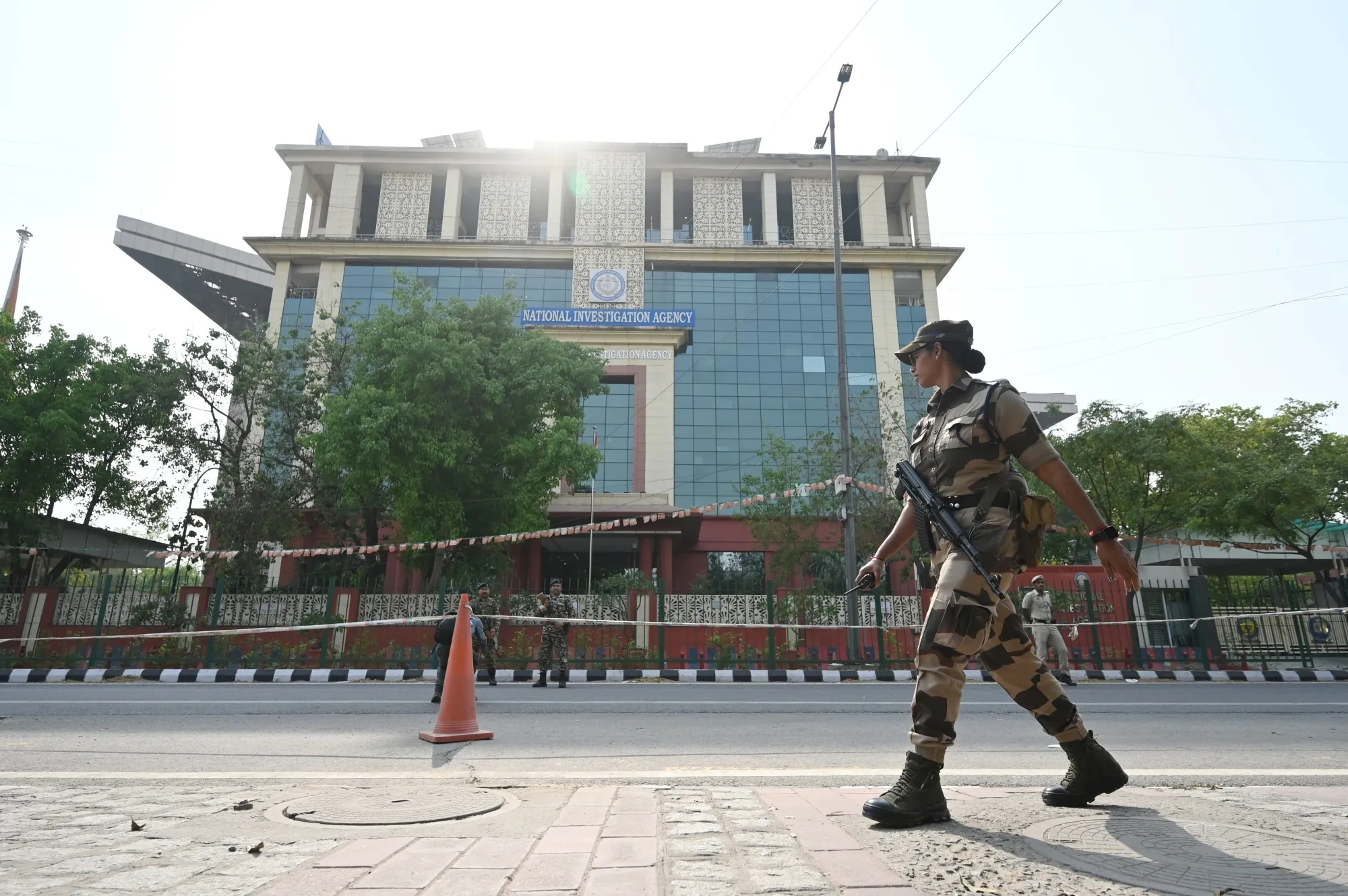 Security officials outside the National Investigation Agency headquarters ahead of the arrival of Tahawwur Hussain Rana&nbsp;in New Delhi, India, on April 10.&nbsp;