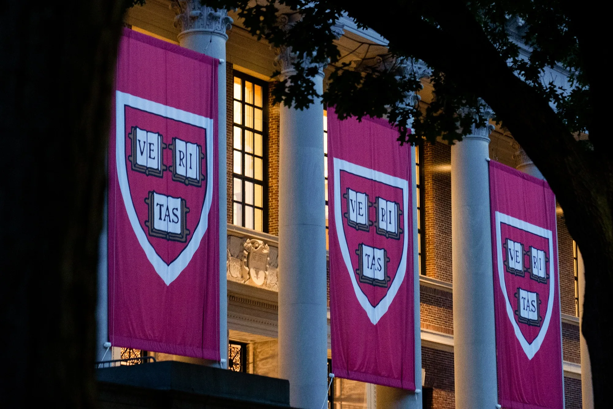 Banners on the Harry Elkins Widener Memorial Library at Harvard.