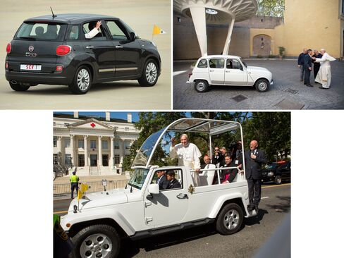 Clockwise from top left: Although he was surrounded by black SUVs at Andrews Air Force base on Sept. 23, Pope Francis clambered into a gray Fiat 500L; when he's off-duty, the pope prefers a 30-year old Renault hatchback; the Popemobile in Washington on Sept. 23.