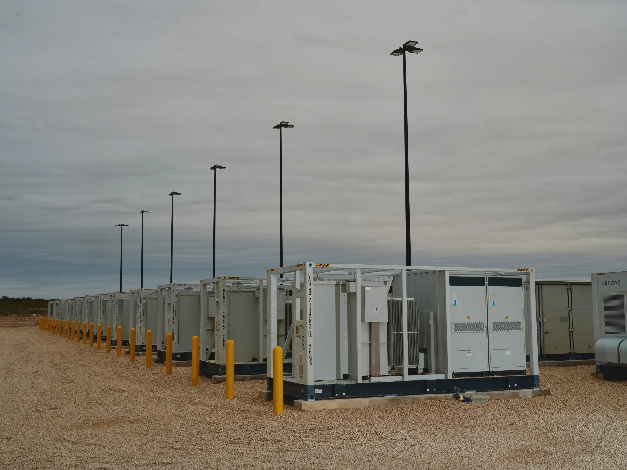 Lithium-ion energy storage batteries at the Roadrunner solar plant, owned and operated by Enel Green Power, near McCamey, Texas, US, on Friday, Nov. 10, 2023. In just three years, oil-rich Texas has added the solar equivalent of 12 nuclear reactors, putting it on the cusp of surpassing the California as the top producer of electricity from solar farms.