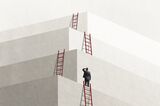 Man Looks Up At Series of Ladders Leading To Successively Higher Levels