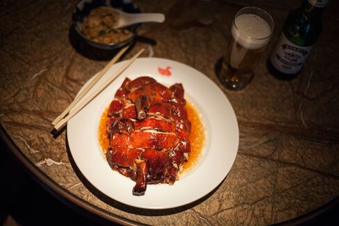 The Cantonese roast duck features soft and savory flesh and intensely flavored skin.