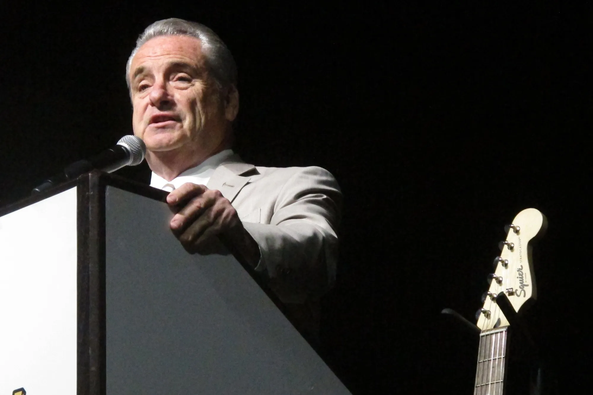 In this Jan. 16, 2020 photo,  Jim Allen, chairman of the Hard Rock gambling and entertainment company, speaks during an employee meeting at the Hard Rock casino in Atlantic City, N.J. On Tuesday, Oct. 26, 2021, Allen said Hard Rock is interested in building a casino in New York, even as it maintains its plans to build one in northern New Jersey, which would be 8 miles from Manhattan. (AP Photo/Wayne Parry)