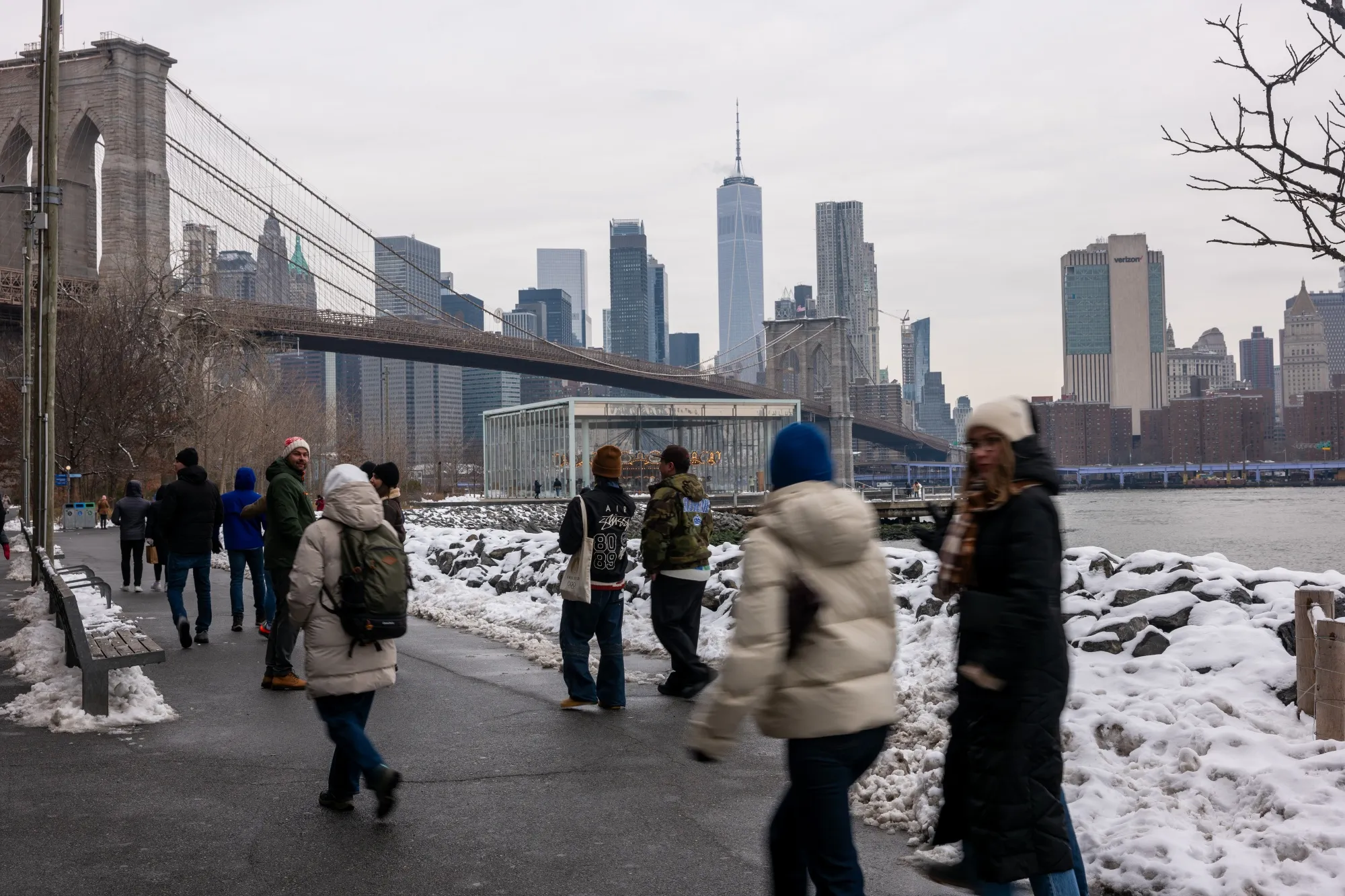 People walk through Brooklyn Bridge Park after a snow storm in New York City, on Feb. 12.&nbsp;