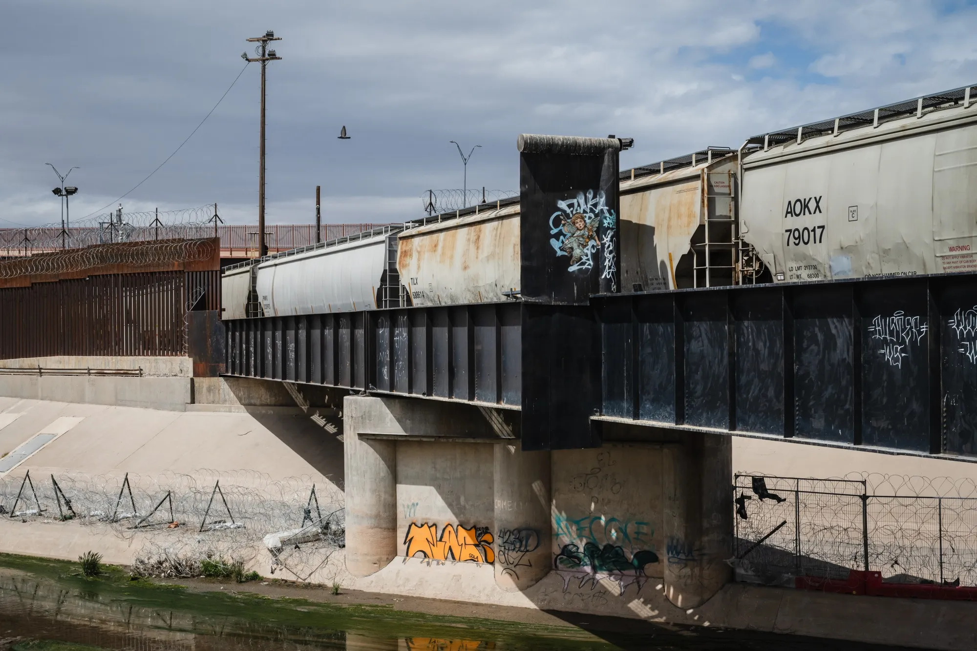 A freight train crosses into El Paso, Texas, on an international railroad bridge at the US-Mexico border in Juarez, Chihuahua state, Mexico, in April.