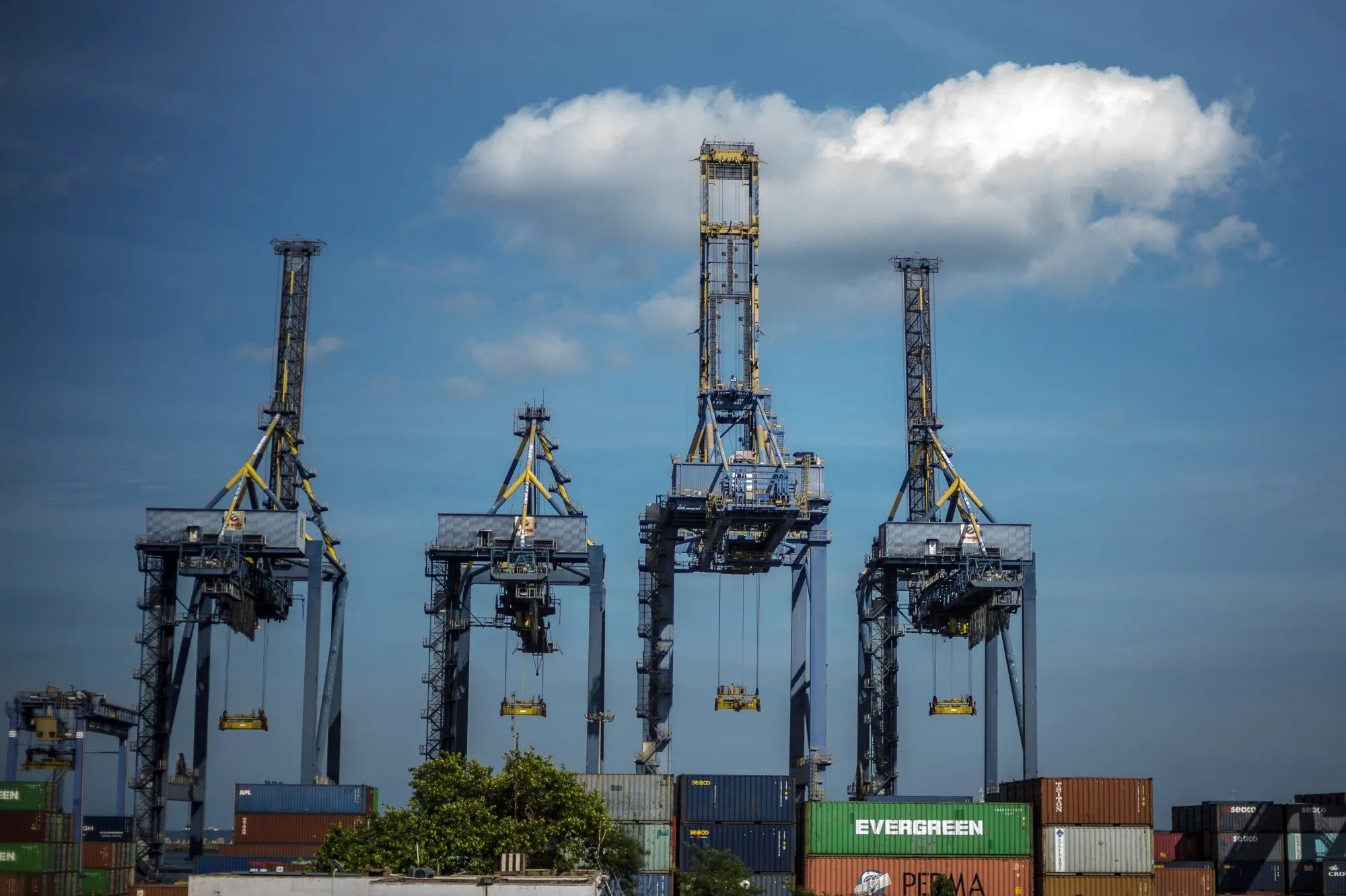 Containers and cranes at the Port of Chennai in Chennai, India.